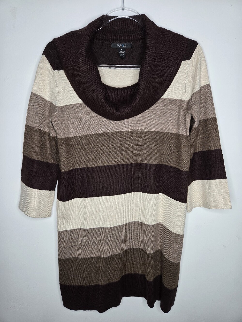 Style & Co Cowl Neck Sweater Top Size SP Brown Half Sleeve Colorblock Stripes